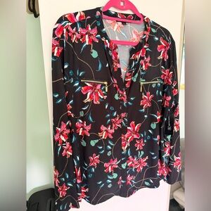 INC International Concepts Black Button-Down Blouse with Pink Floral